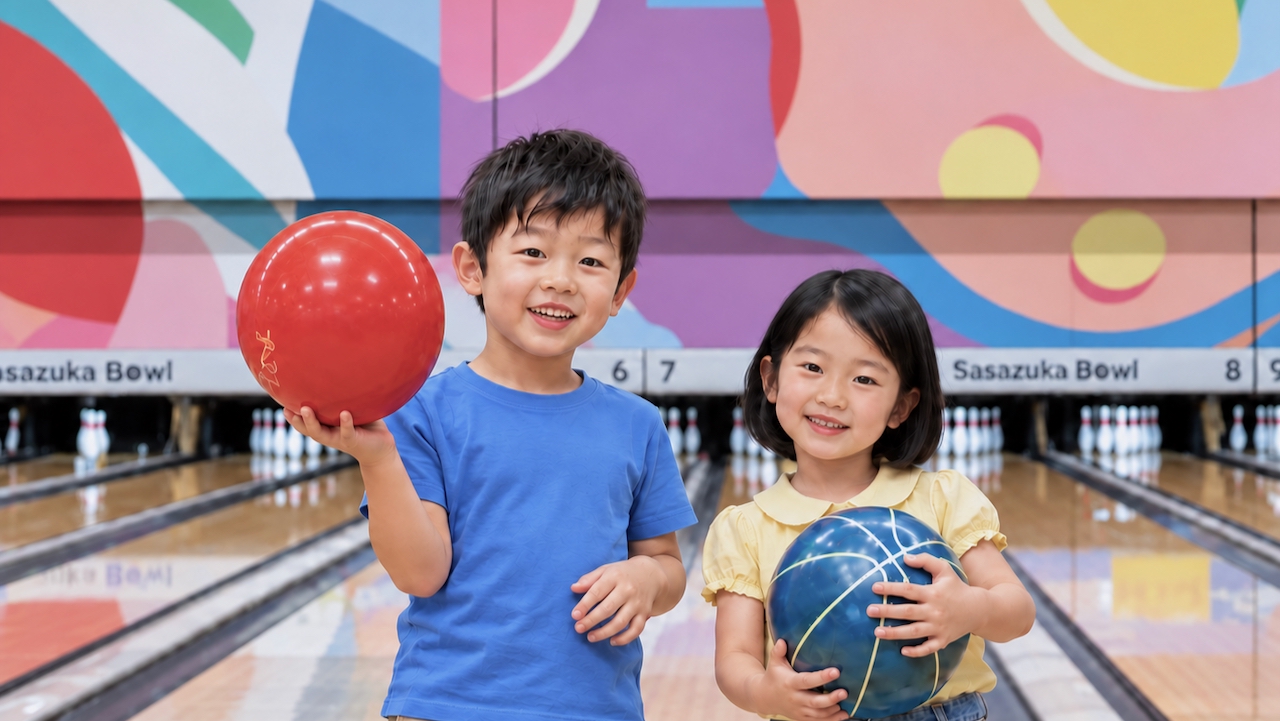 ボウリング場で指導者と笑顔で話す子どもたち